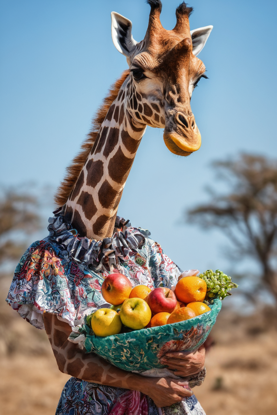 A giraffe in a cute dress holding a basket of fruits